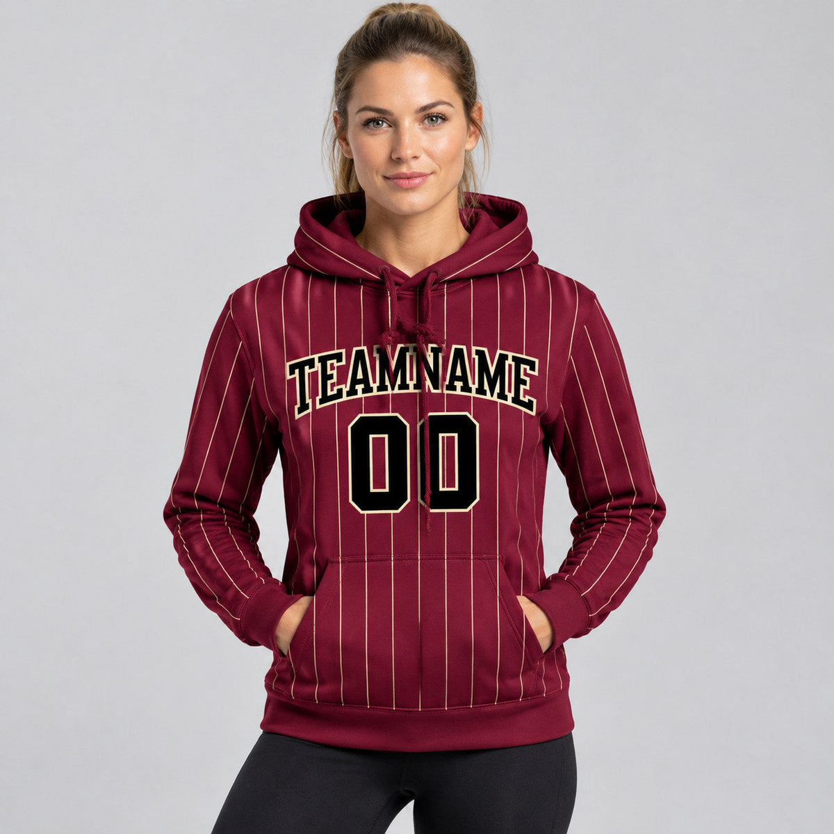 Custom Burgundy and Cream Pinstripe Pullover Hoodie with Black and Cream Lettering worn by female model