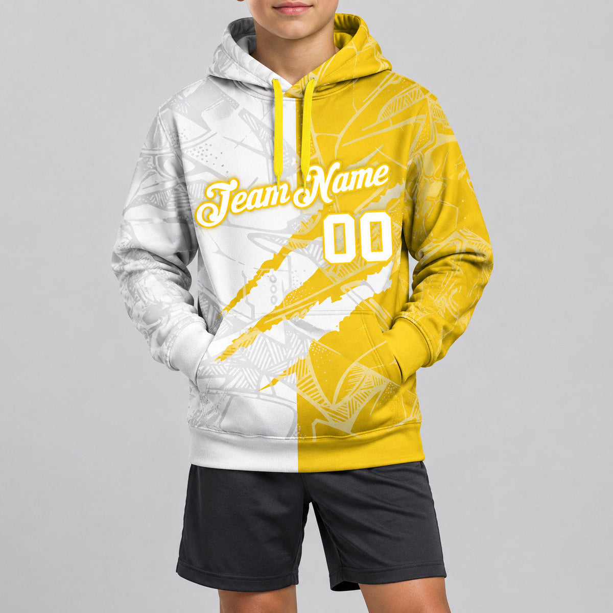 Custom White and Gold Graffiti Pullover Hoodie youth size worn by child model