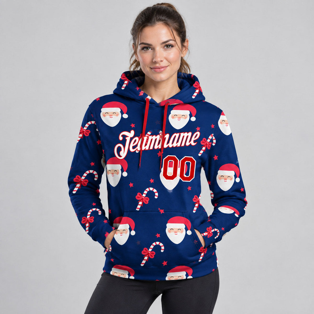 Custom Navy Christmas Pullover Hoodie with Red and White Lettering Design 0056 worn by female model