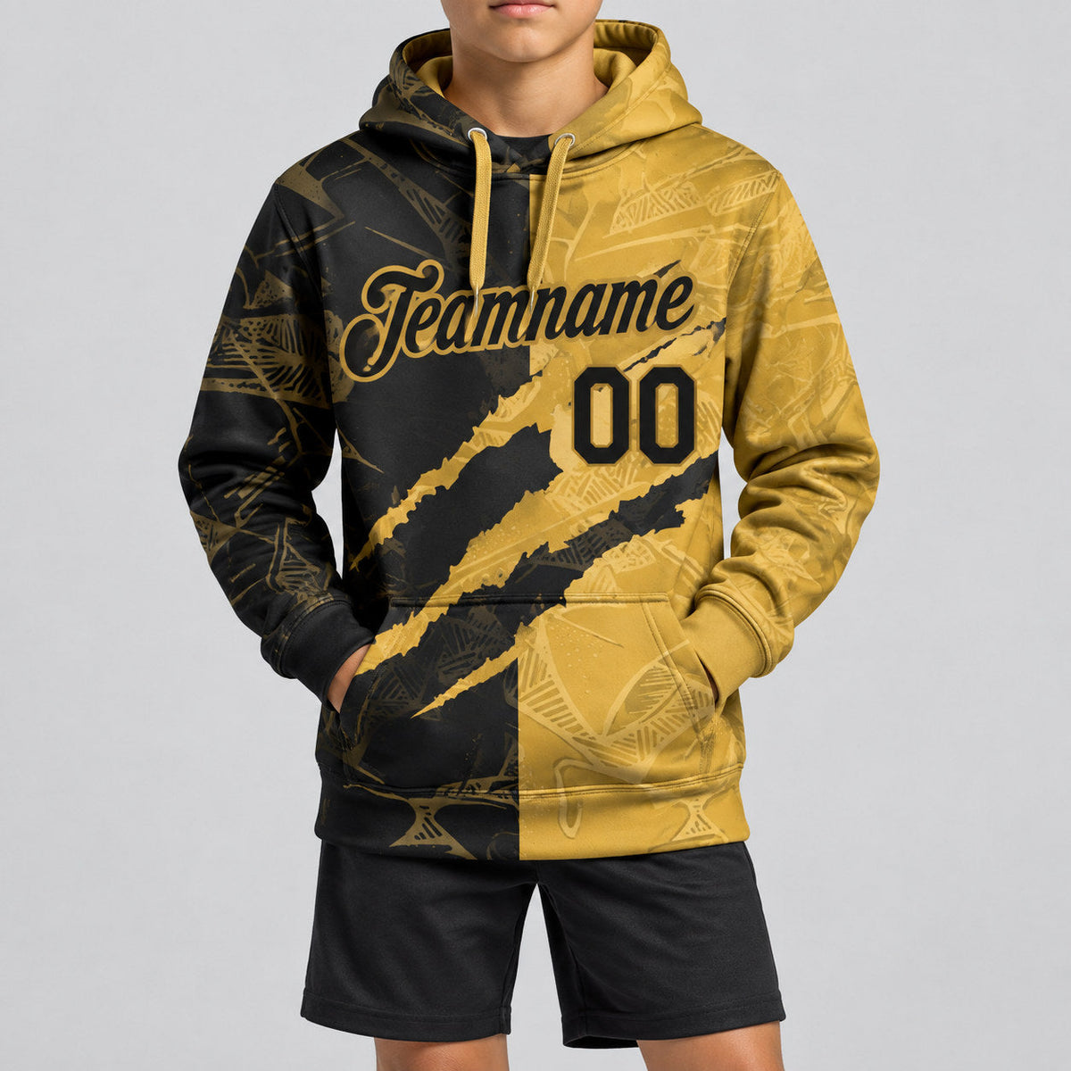 Custom Black and Old Gold Graffiti Pullover Hoodie Design 0091 youth size worn by child model