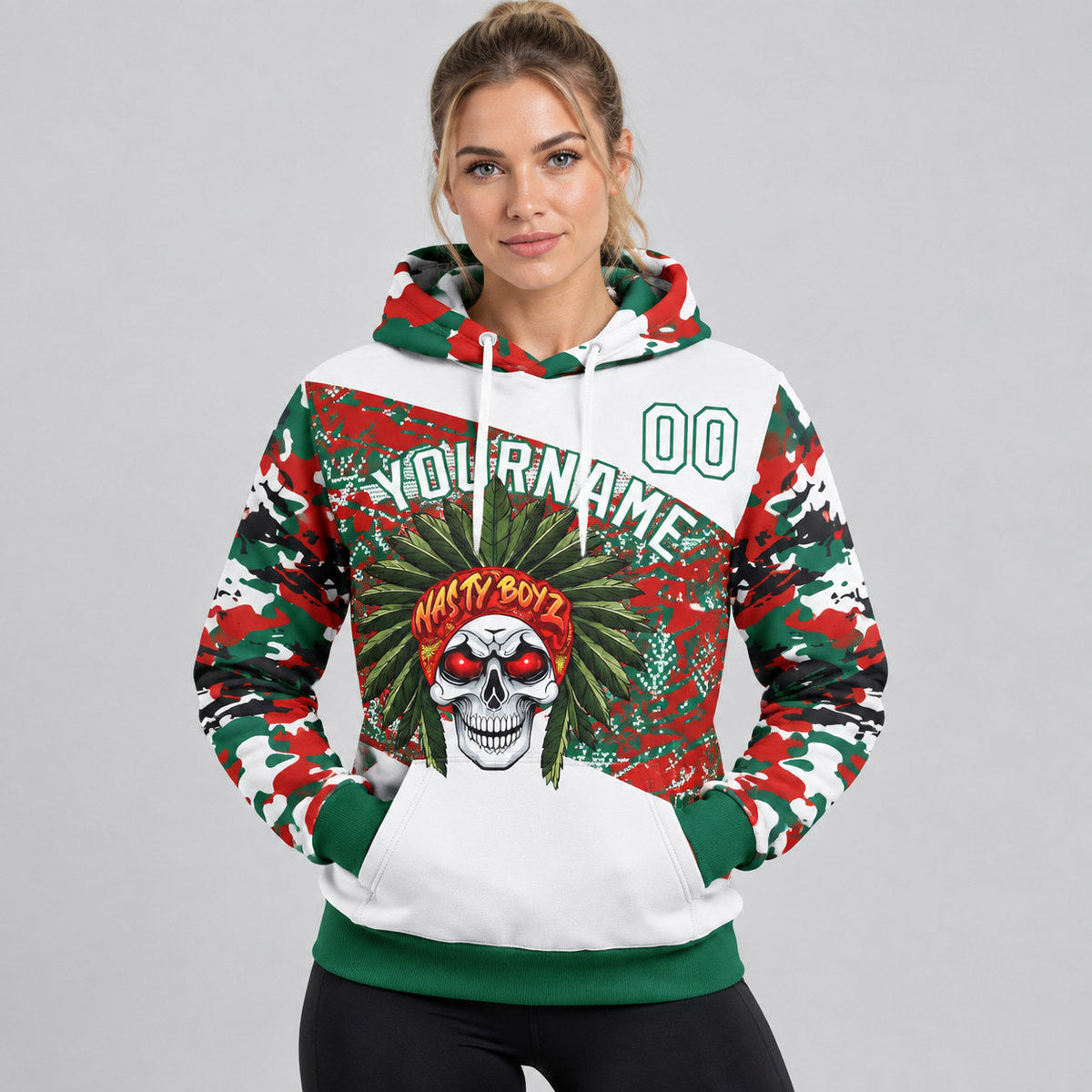 Custom White Nasty Boyz Paintball Christmas Pullover Hoodie with Red and Kelly Green Lettering Design SF10 worn by female model