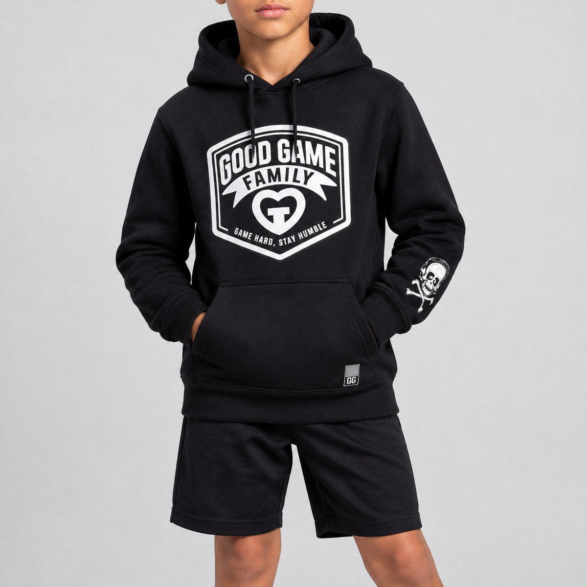 Custom Black Good Game Family Community Pullover Hoodie with White Lettering youth size worn by child model