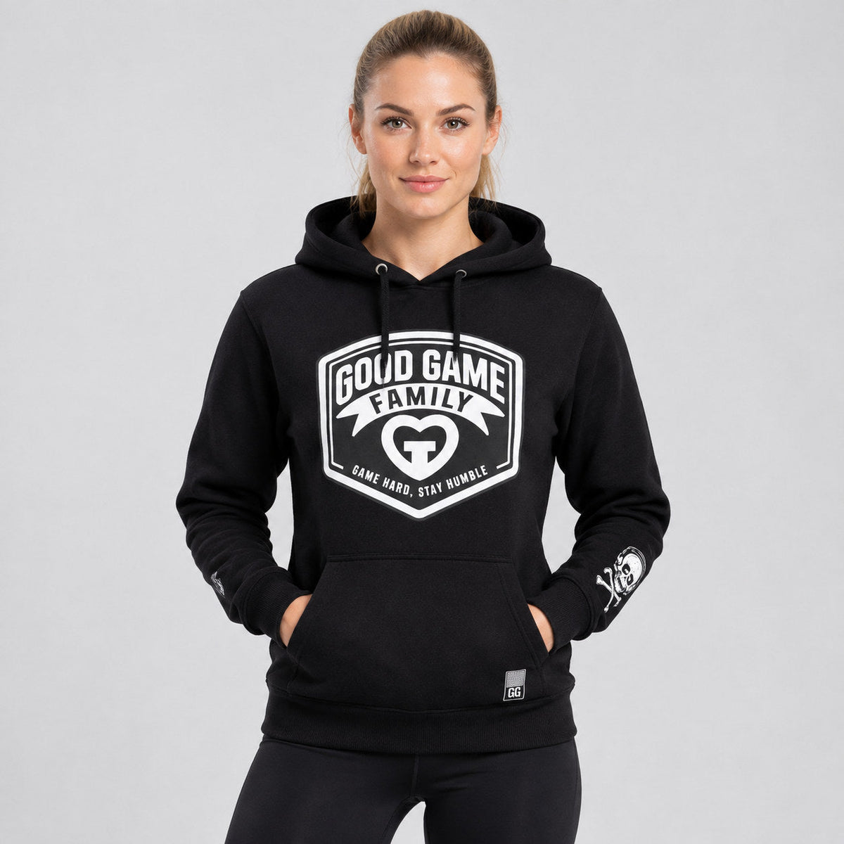 Custom Black Good Game Family Community Pullover Hoodie with White Lettering worn by female model