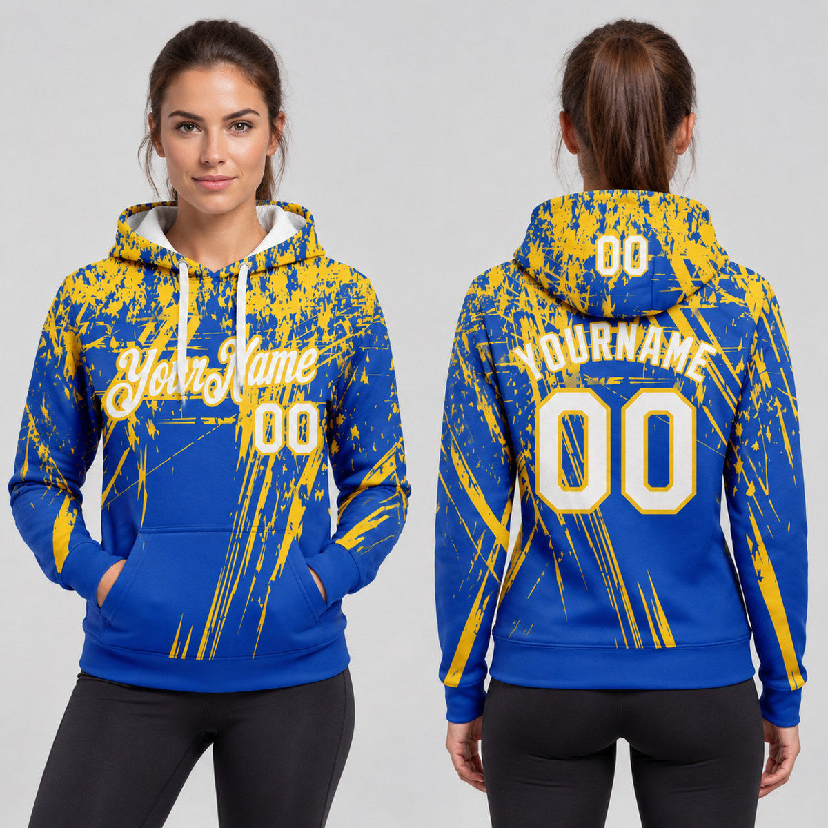 Custom Thunder Blue Splash Grunge Art Pullover Hoodie with White and Yellow Lettering worn by female model