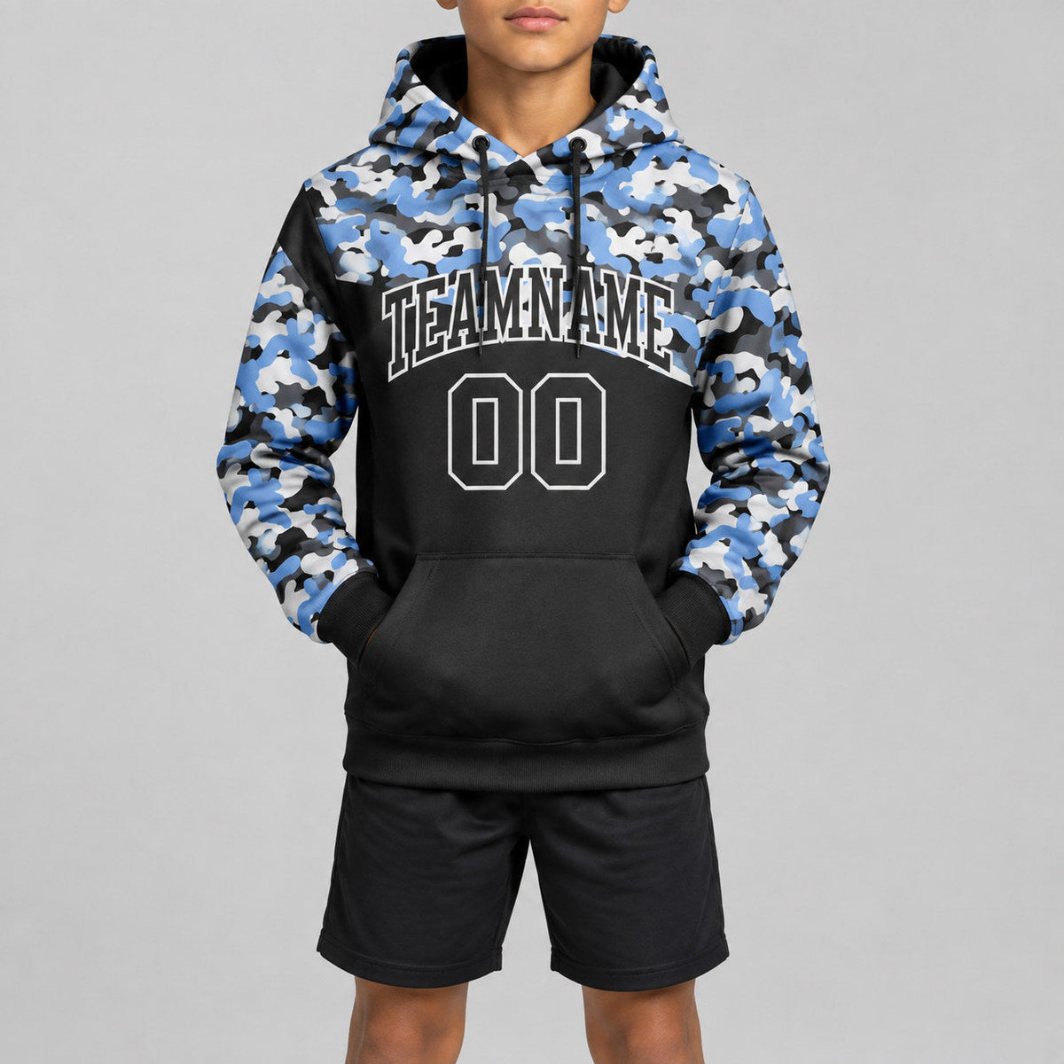 Custom Black Camo Salute To Service Pullover Hoodie with Light Blue and Steel Gray Lettering youth size worn by child model