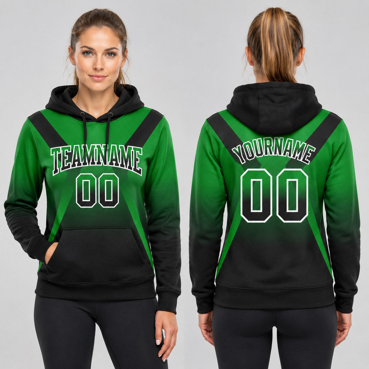 Custom Grass Green Fade Arrow Pullover Hoodie with Black and White Lettering worn by female model