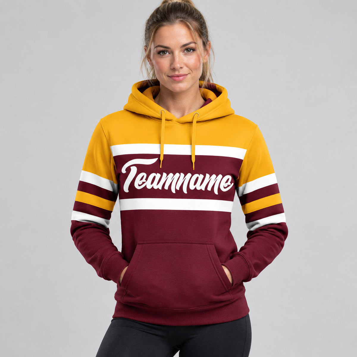 Custom Burgundy Line Pullover Hoodie with White and Gold Lettering worn by female model