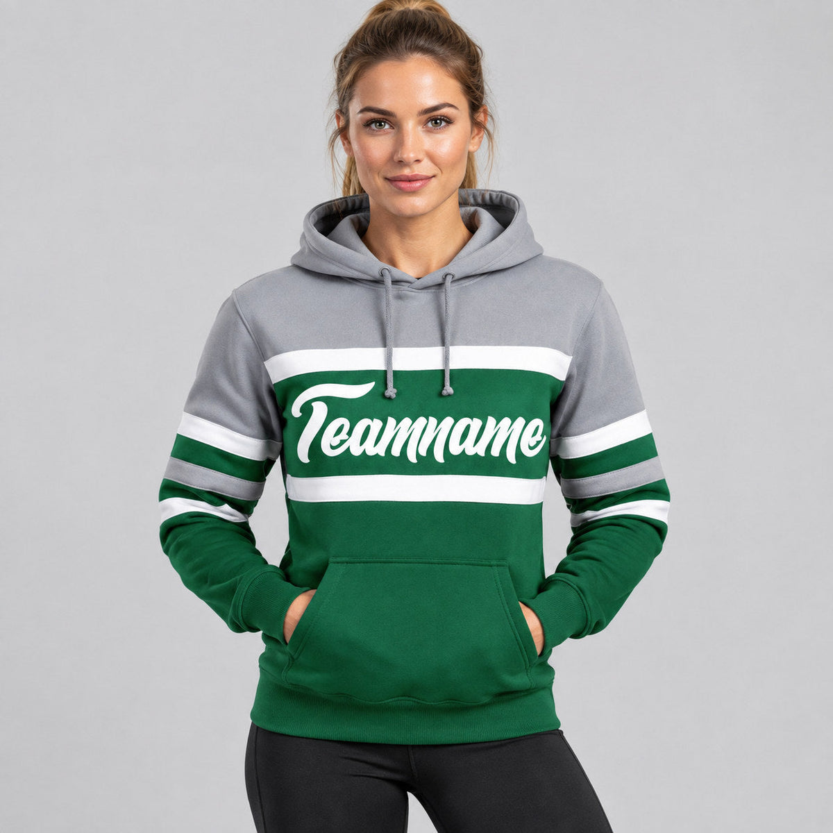 Custom Kelly Green Line Pullover Hoodie with White and Gray Lettering worn by female model