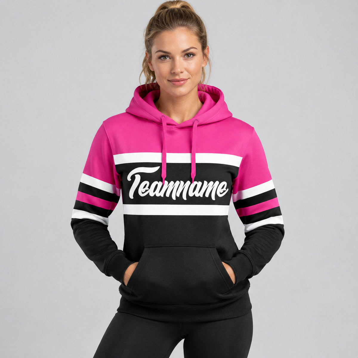 Custom Black Line Pullover Hoodie with White and Pink Lettering worn by female model