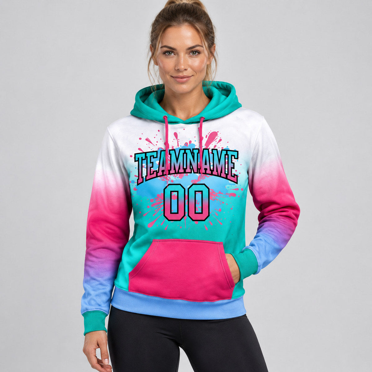 Custom White and Aqua and Hot Pink Fade Splash Pullover Hoodie with Light Blue and Black Lettering worn by female model