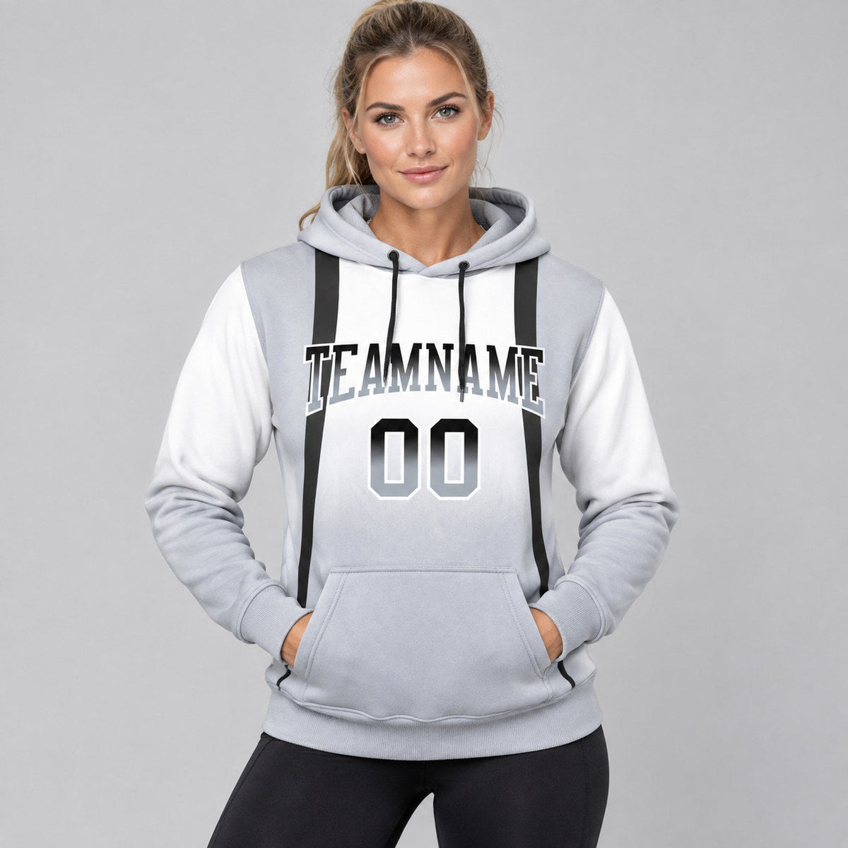 Custom White Fade Line Pullover Hoodie with Black and Gray Lettering worn by female model