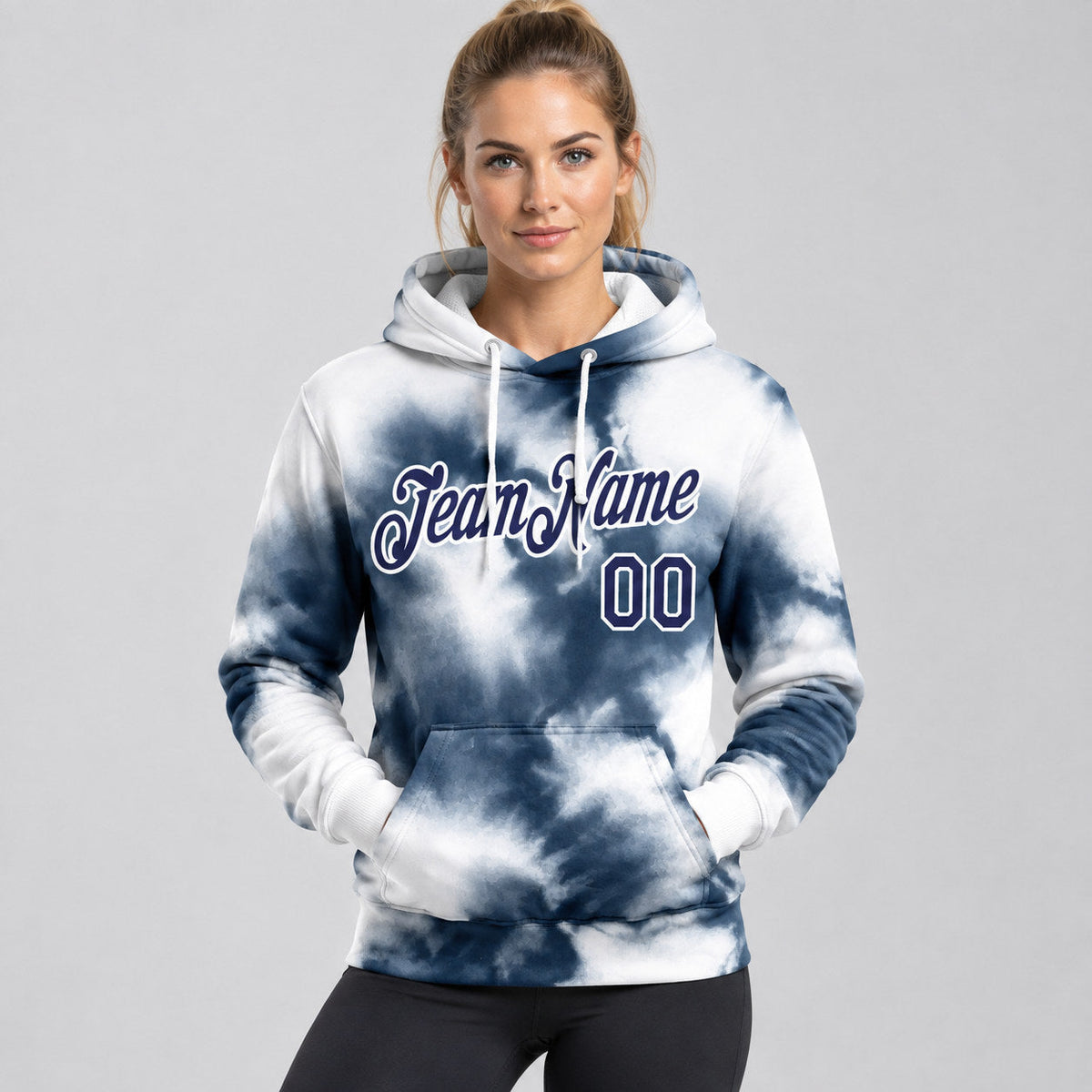 Custom Navy and White Tie Dye Abstract Shibori Pullover Hoodie worn by female model
