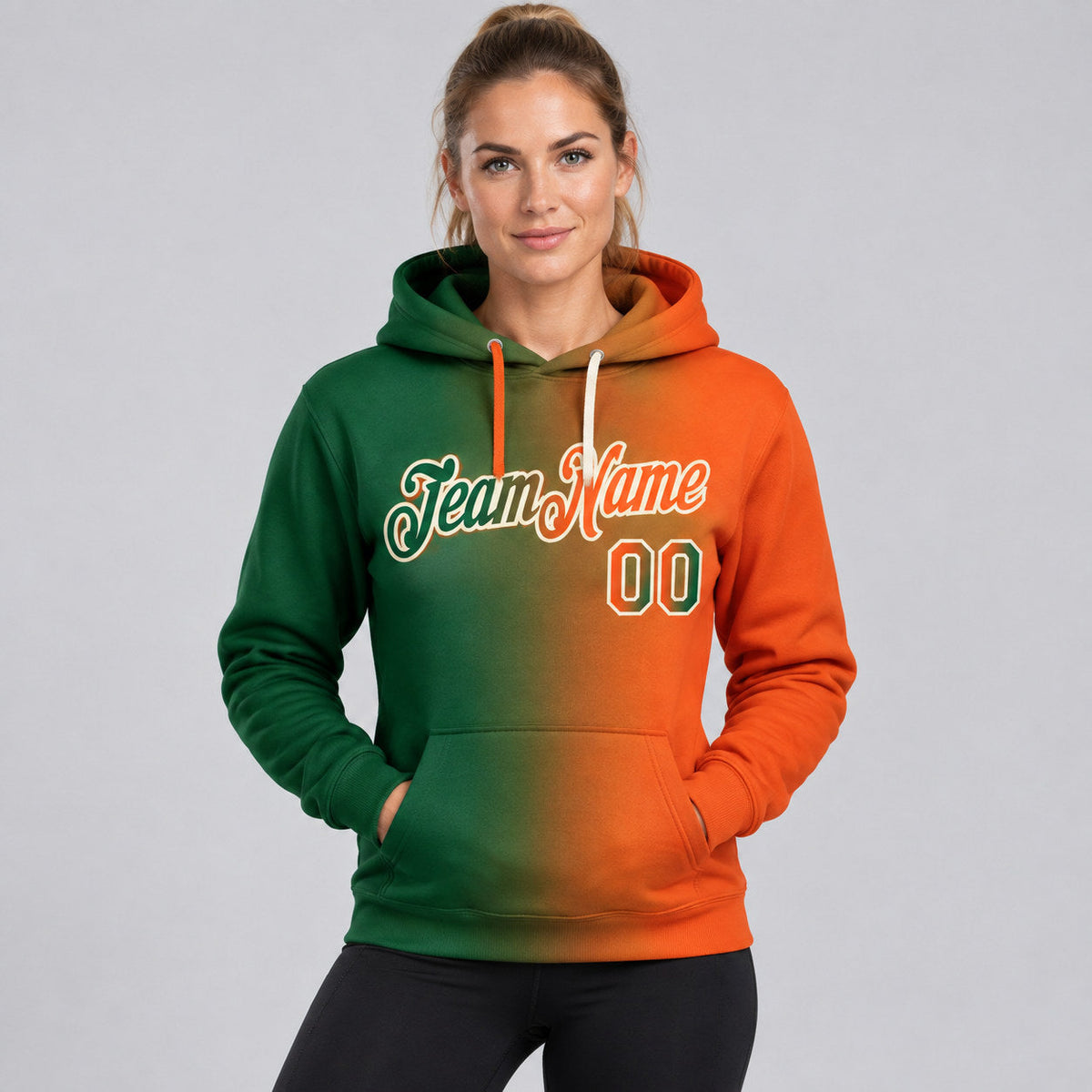 Custom Green Gradient Pullover Hoodie with Orange and Cream Lettering worn by female model
