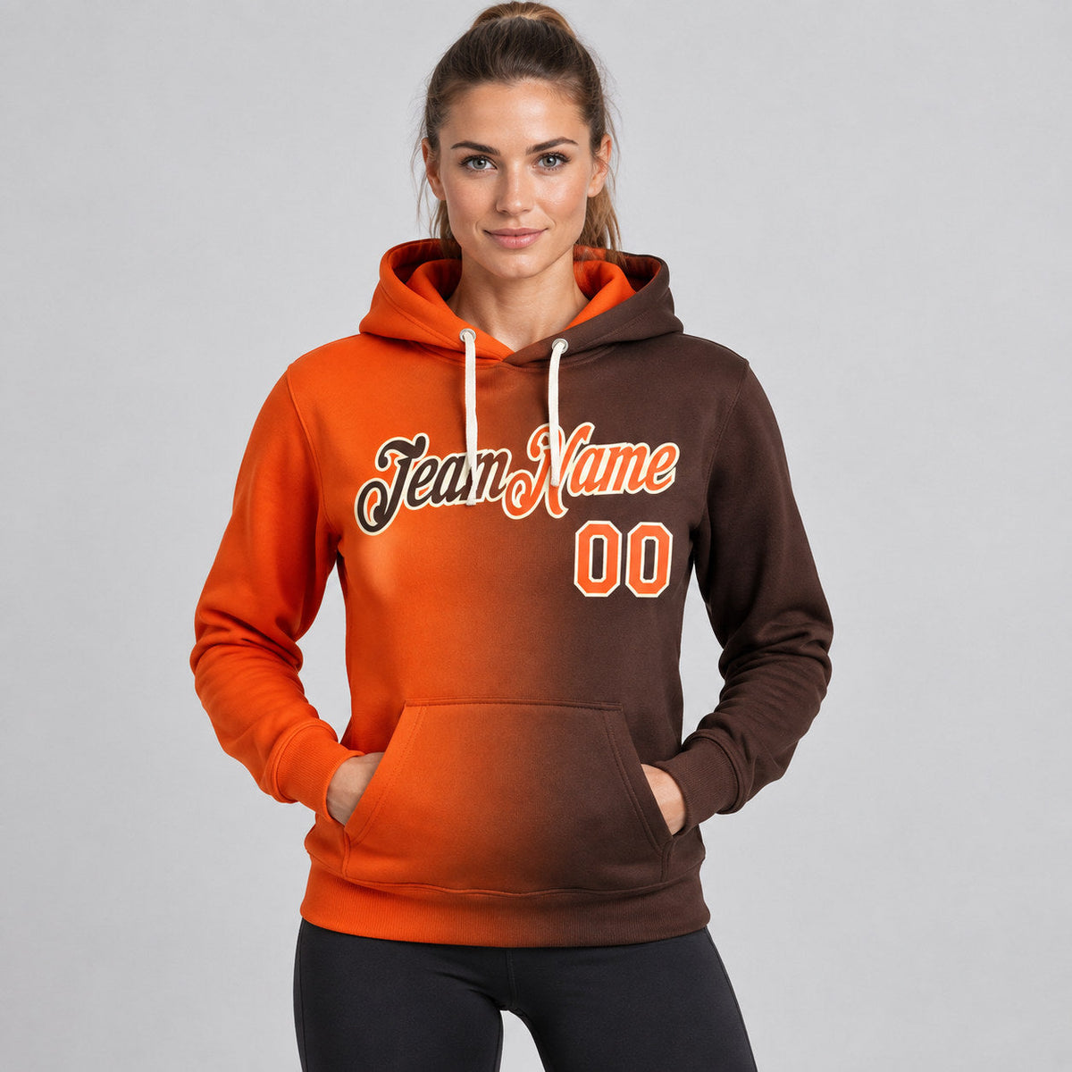 Custom Brown Gradient Pullover Hoodie with Orange and Cream Lettering worn by female model