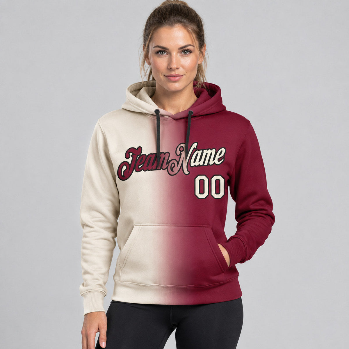 Custom Maroon Gradient Pullover Hoodie with Cream and Black Lettering worn by female model
