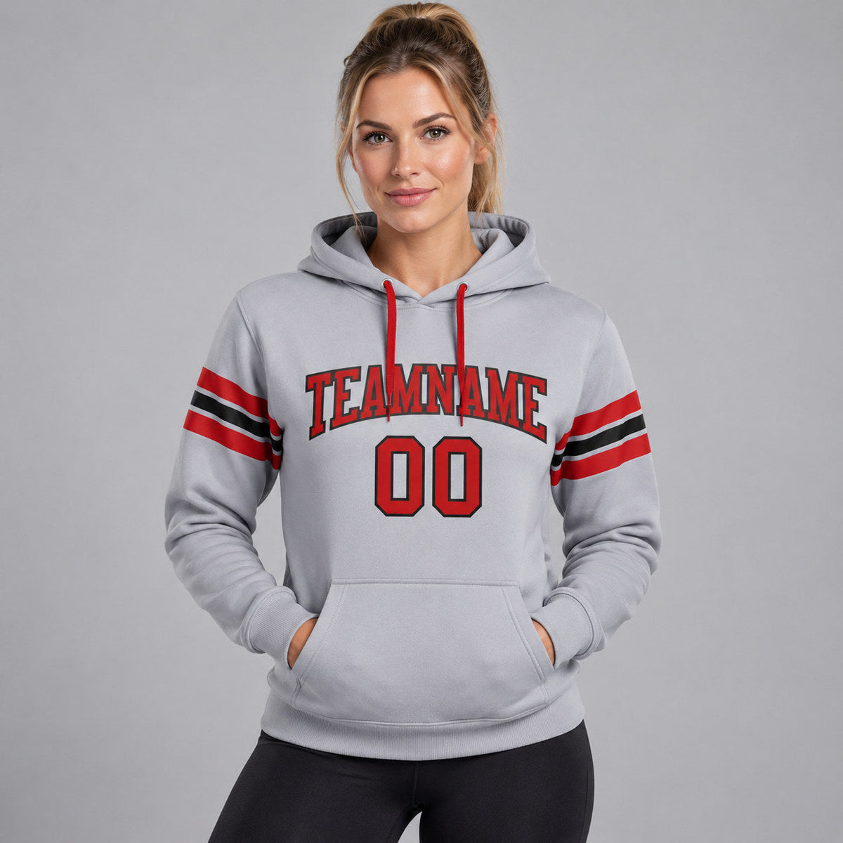 Custom Gray Football Pullover Hoodie with Red and Black Lettering worn by female model