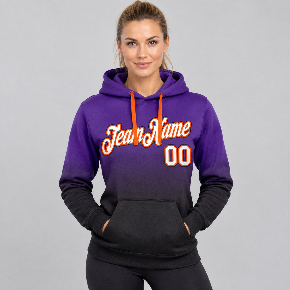 Custom Purple and White Fade Pullover Hoodie with Black and Orange Lettering worn by female model