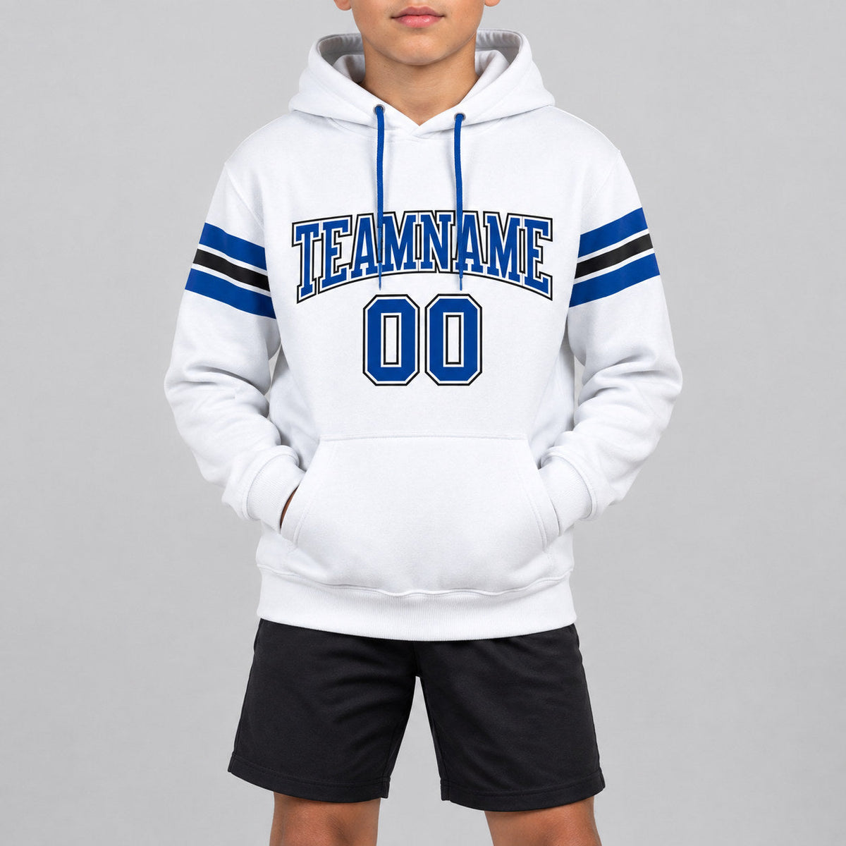 Custom White Football Pullover Hoodie with Royal and Black Lettering youth size worn by child model