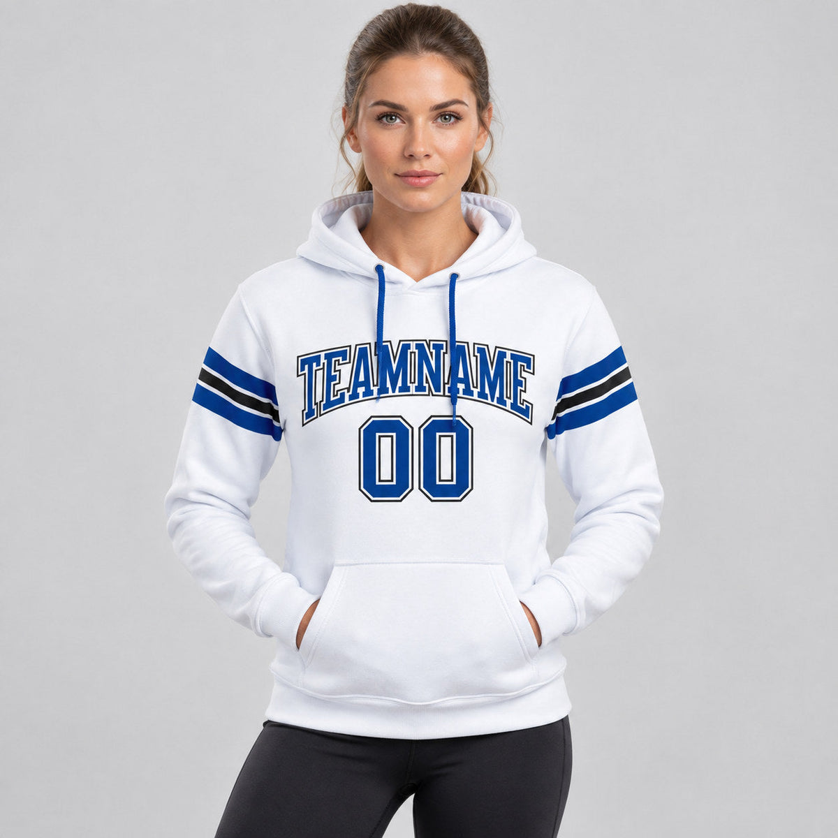 Custom White Football Pullover Hoodie with Royal and Black Lettering worn by female model
