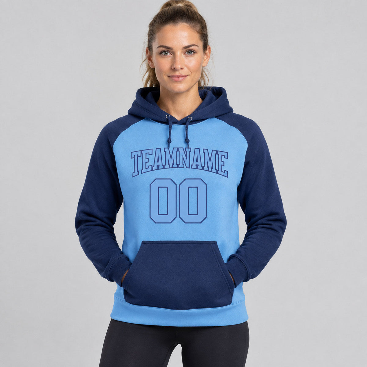 Custom Light Blue Pullover Hoodie with Light Blue and Royal Lettering worn by female model