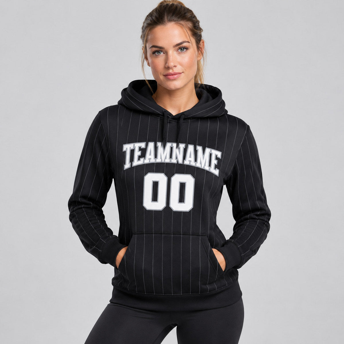 Custom Black and Gray Pinstripe Pullover Hoodie with White and Gray Lettering worn by female model
