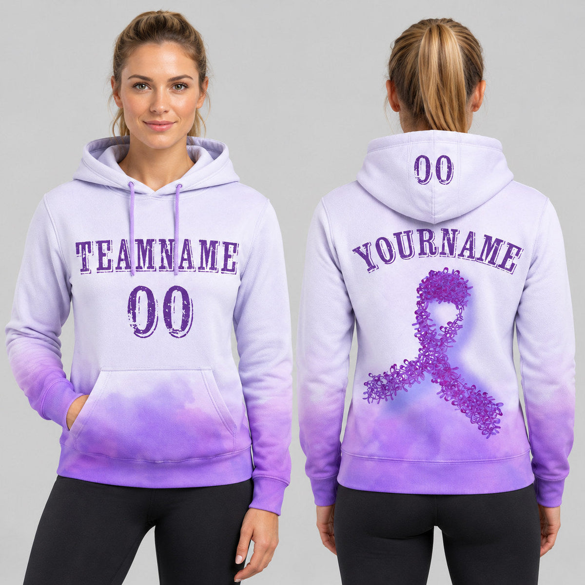 Custom Purple Pancreatic Cancer World Day Ribbon Pullover Hoodie with White Lettering worn by female model
