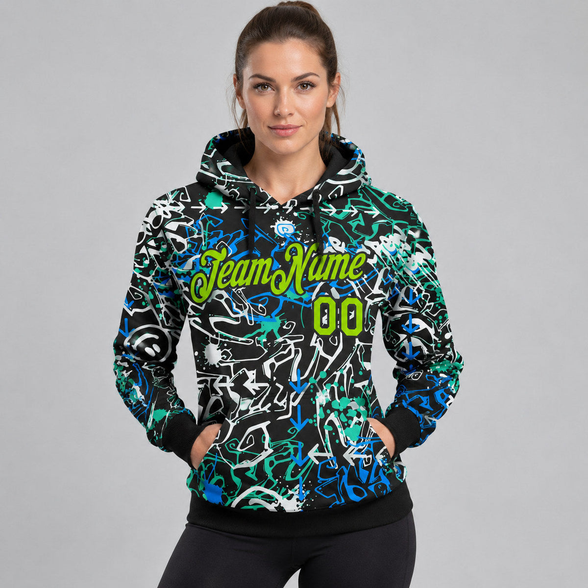 Custom Neon Green and Black Graffiti Abstract Grunge Art Pullover Hoodie worn by female model