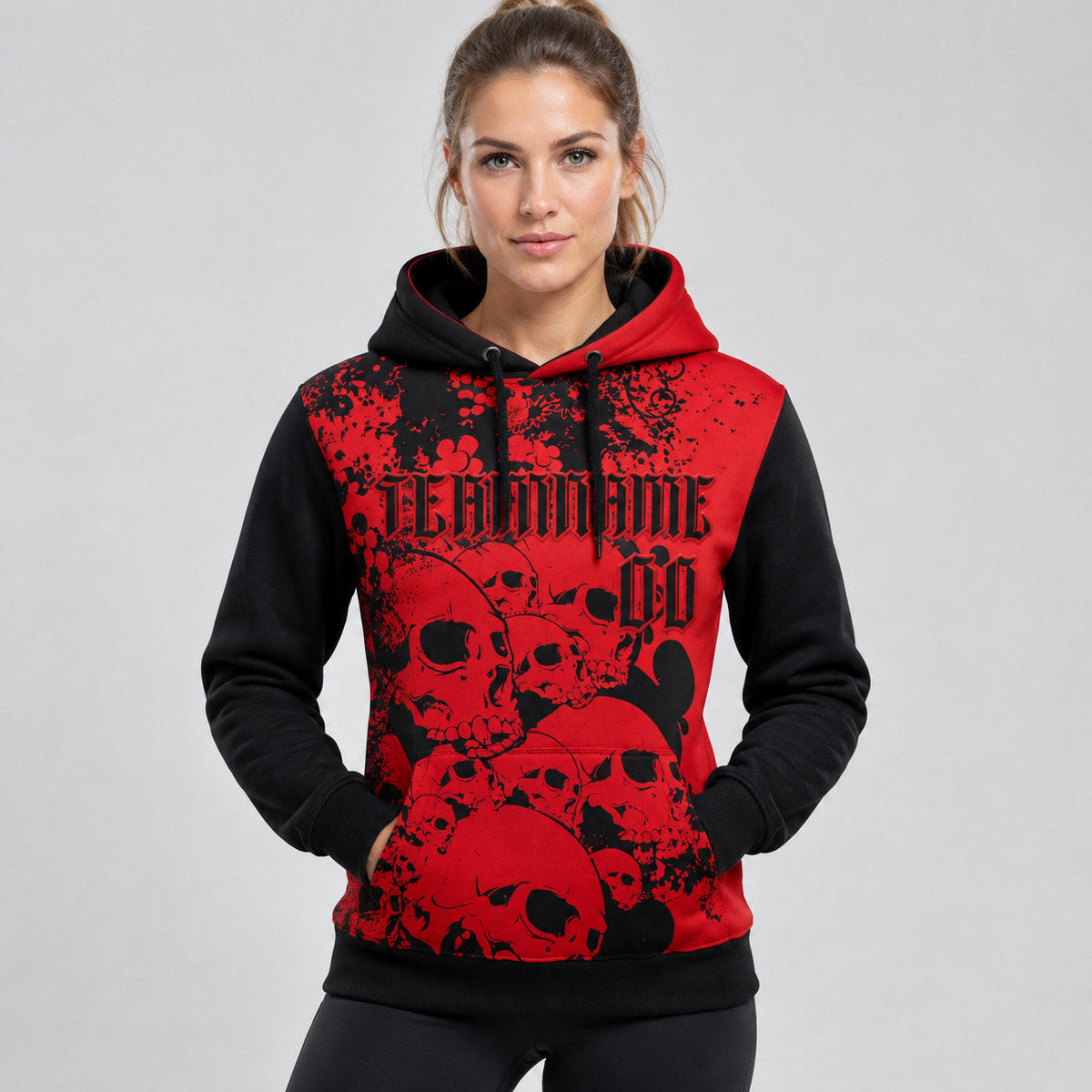 Custom Red Skull Gothic Splash Vintage Grunge Pullover Hoodie with Black Lettering worn by female model