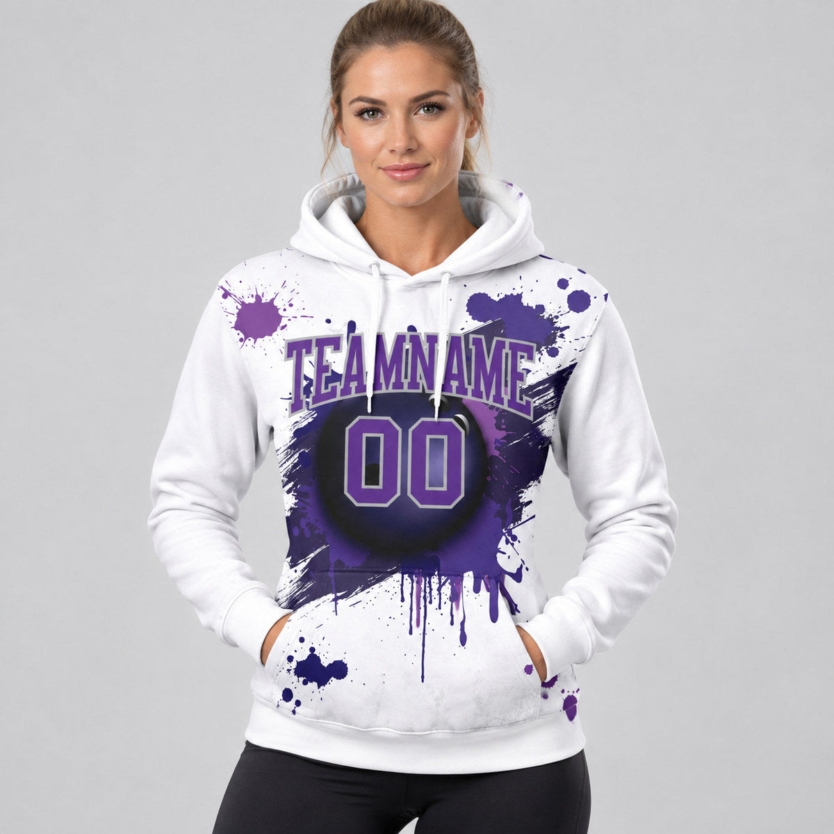 Custom White Dripping Splatter Ball Bowling Pullover Hoodie with Purple and Gray Lettering worn by female model