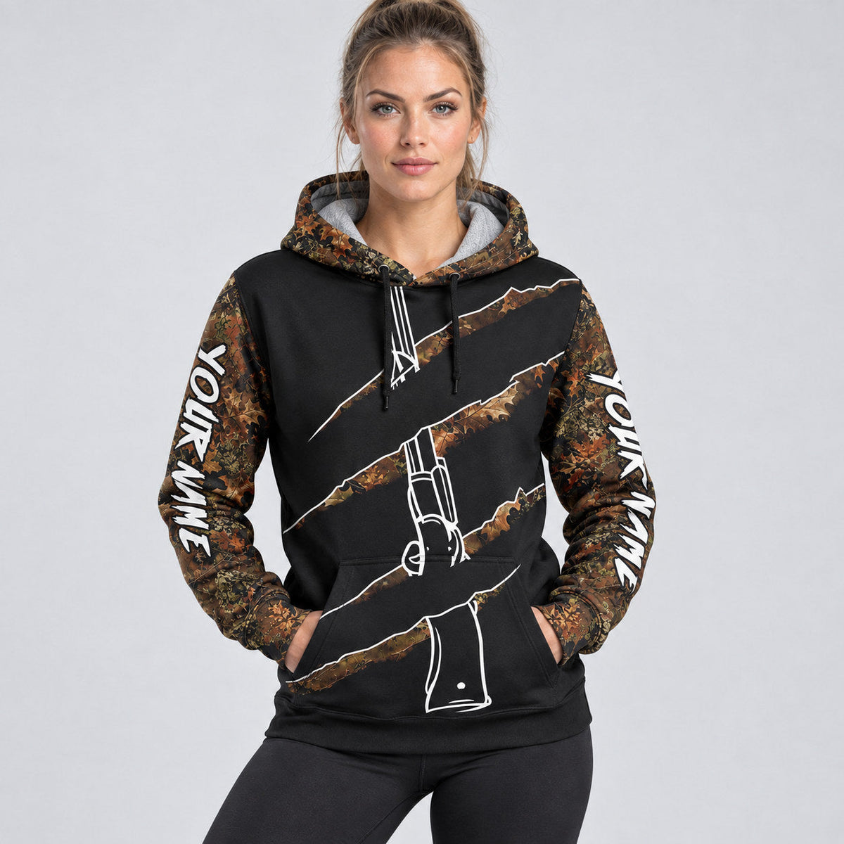 Custom Black Camo Duck Gun Hunting Pullover Hoodie with White Lettering worn by female model