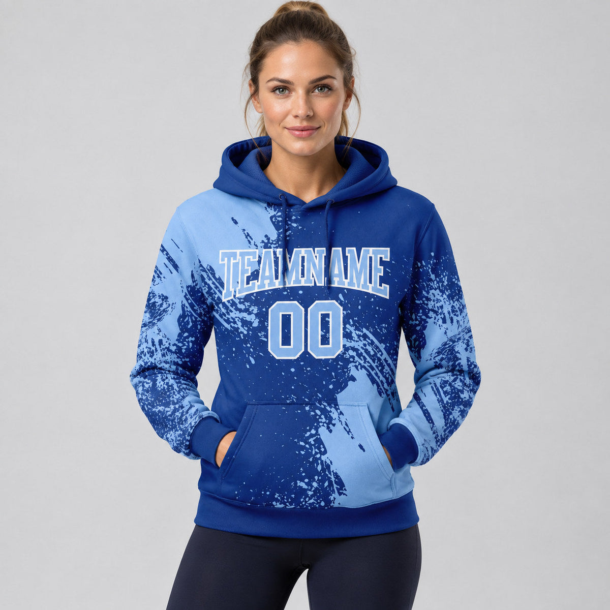 Custom Royal Abstract Brush Stroke Pullover Hoodie with Light Blue and White Lettering worn by female model
