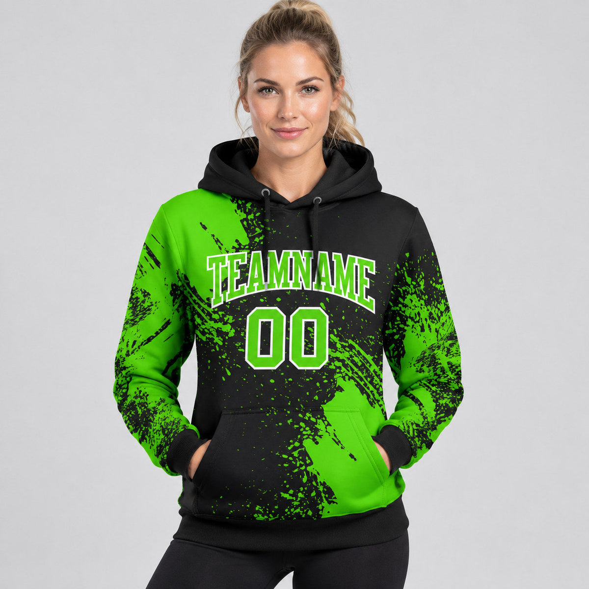 Custom Black Abstract Brush Stroke Pullover Hoodie with Aurora Green and White Lettering worn by female model