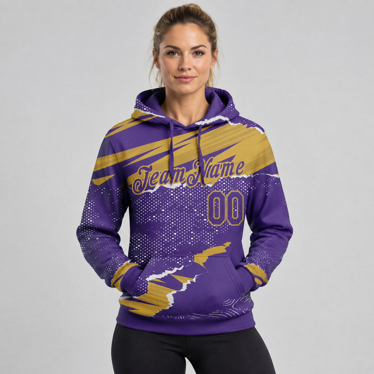 Custom Purple Torn Paper Pullover Hoodie with Old Gold Lettering worn by female model