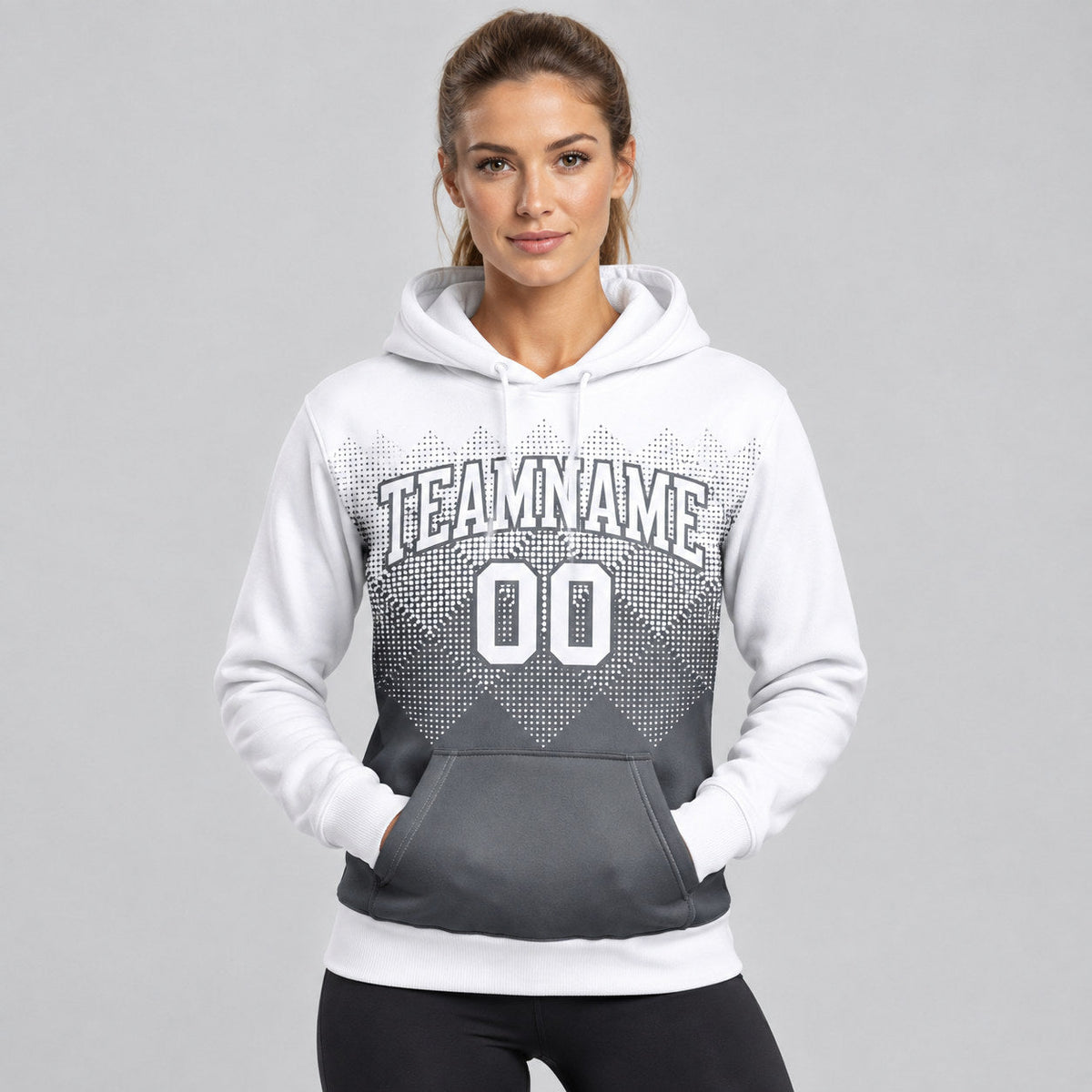 Custom White Gradient Square Shape Pullover Hoodie with Steel Gray Lettering worn by female model