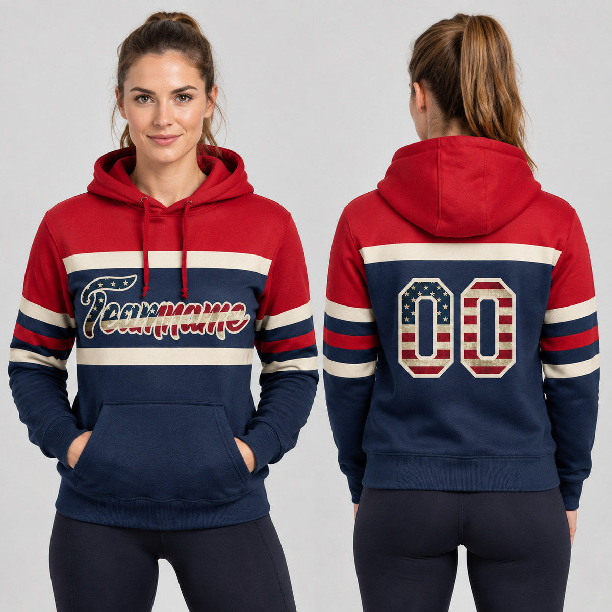 Custom Navy Vintage USA Flag Line Pullover Hoodie with Cream and Red Lettering worn by female model