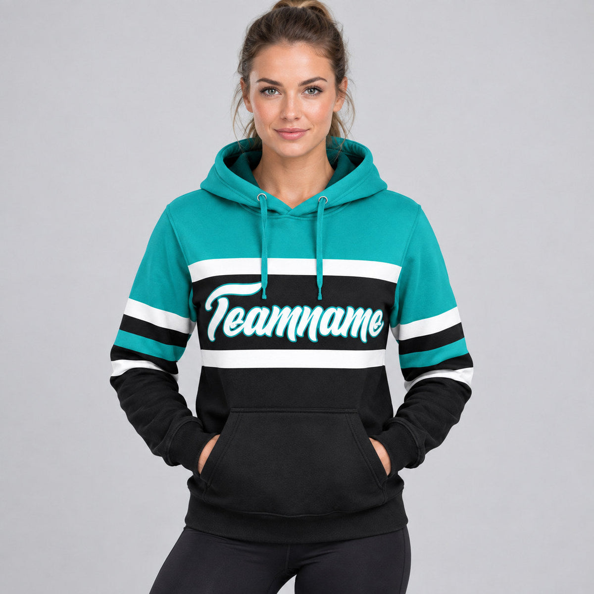 Custom Black Line Pullover Hoodie with White and Aqua Lettering worn by female model