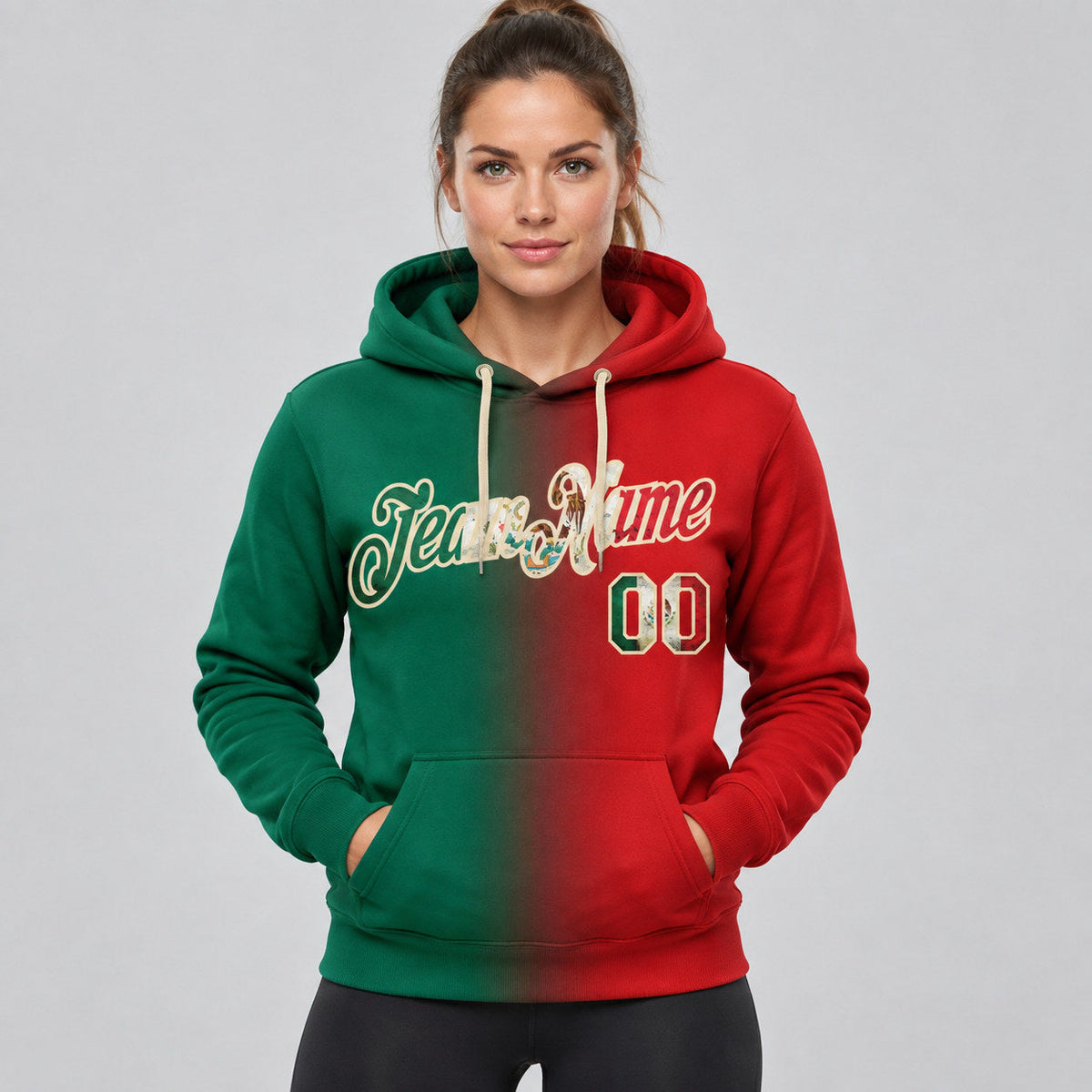 Custom Red Vintage Mexican Flag Gradient Pullover Hoodie with Kelly Green and City Cream Lettering worn by female model
