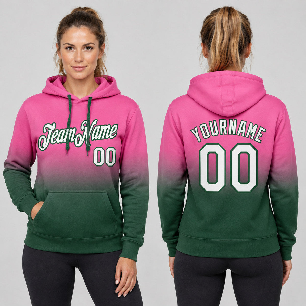 Custom Pink Fade Pullover Hoodie with White and Green Lettering worn by female model