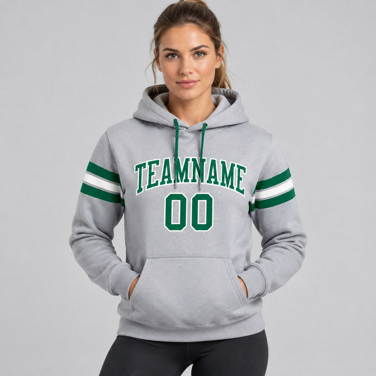 Custom Gray Football Pullover Hoodie with Kelly Green and White Lettering worn by female model