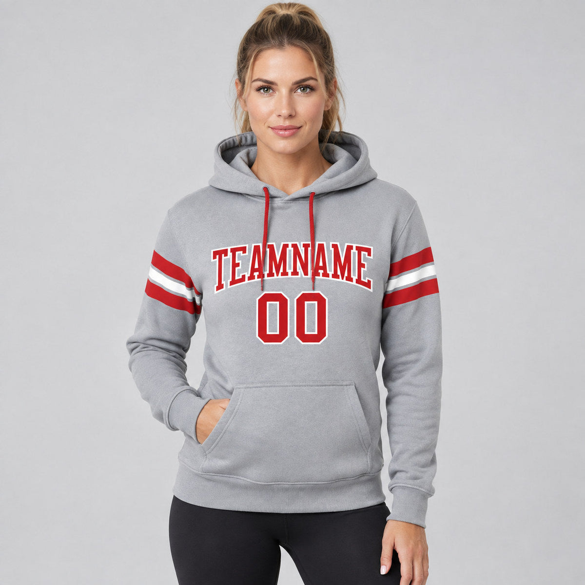 Custom Gray Football Pullover Hoodie with Red and White Lettering worn by female model