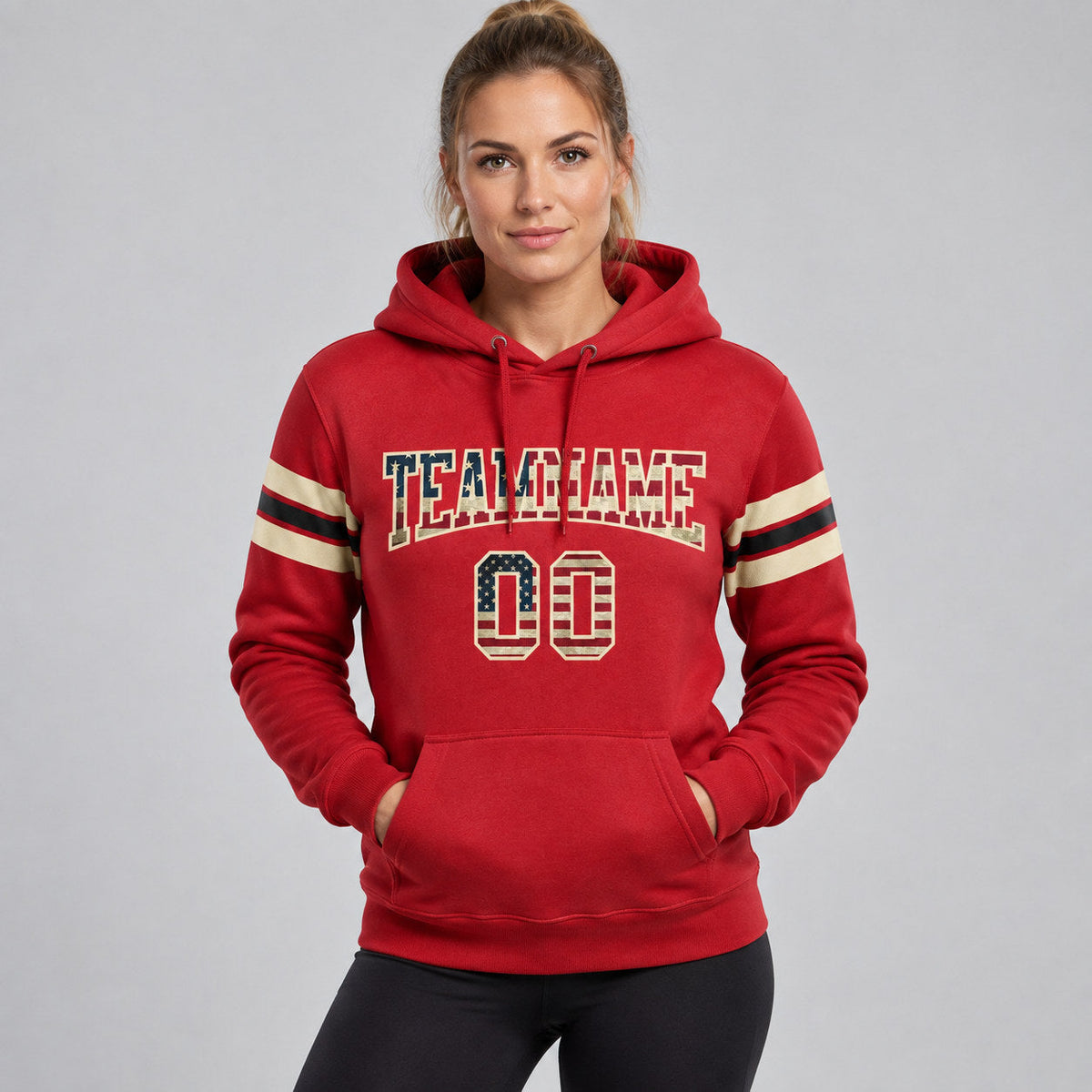 Custom Red Vintage USA Flag Football Pullover Hoodie with City Cream and Black Lettering worn by female model