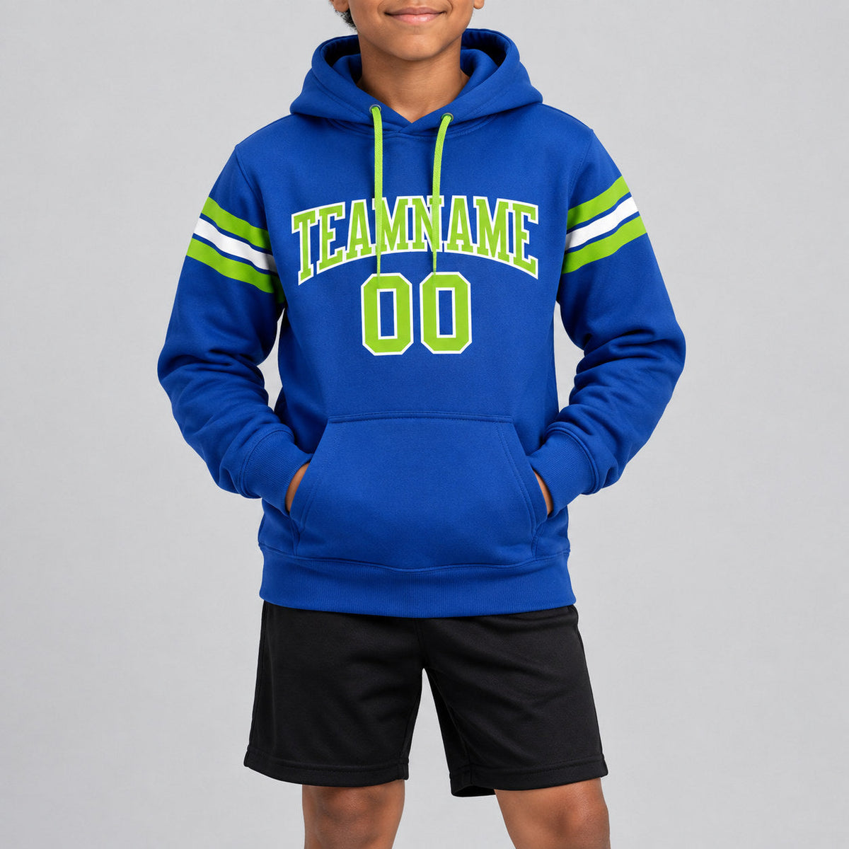 Custom Royal Football Pullover Hoodie with Neon Green and White Lettering youth size worn by child model