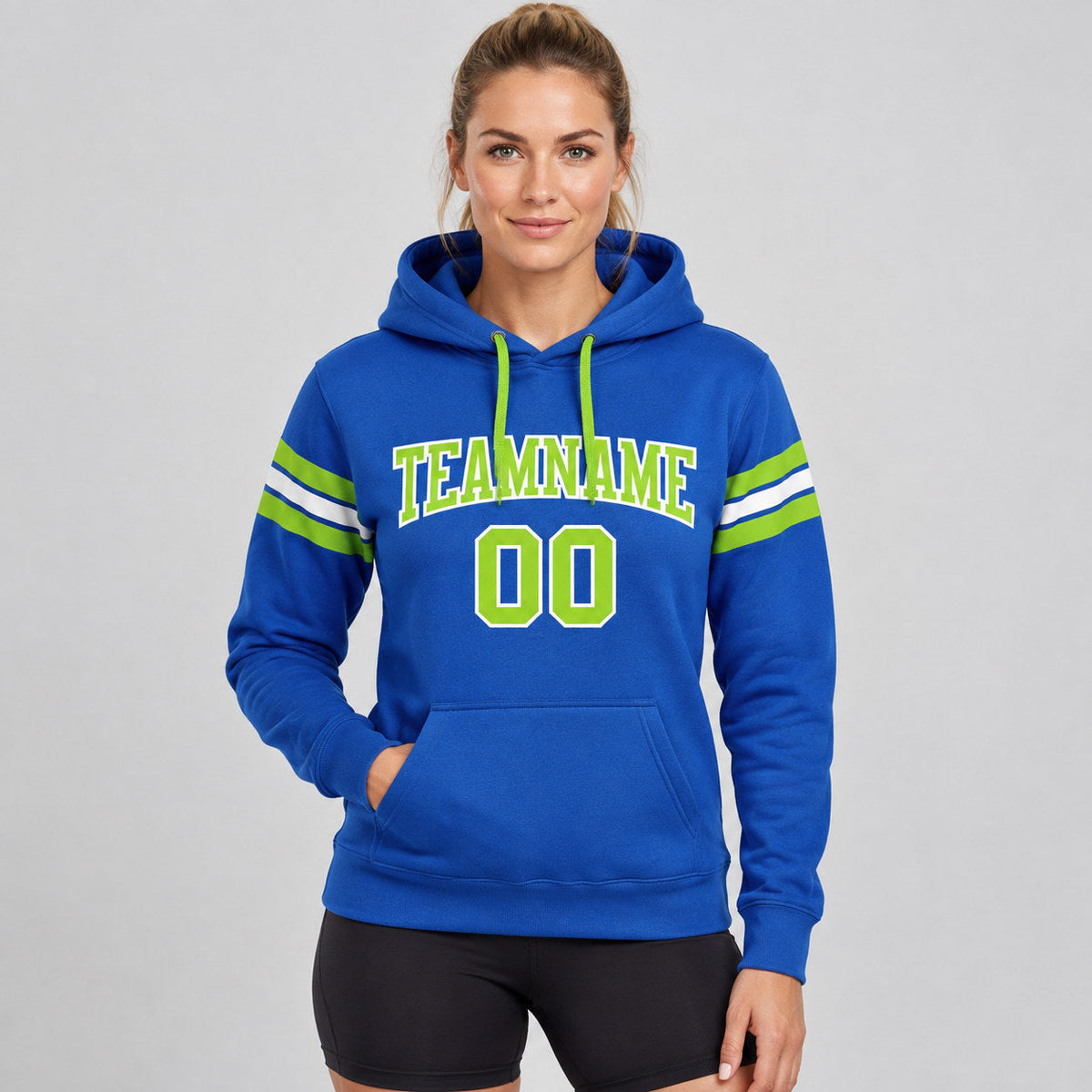 Custom Royal Football Pullover Hoodie with Neon Green and White Lettering worn by female model