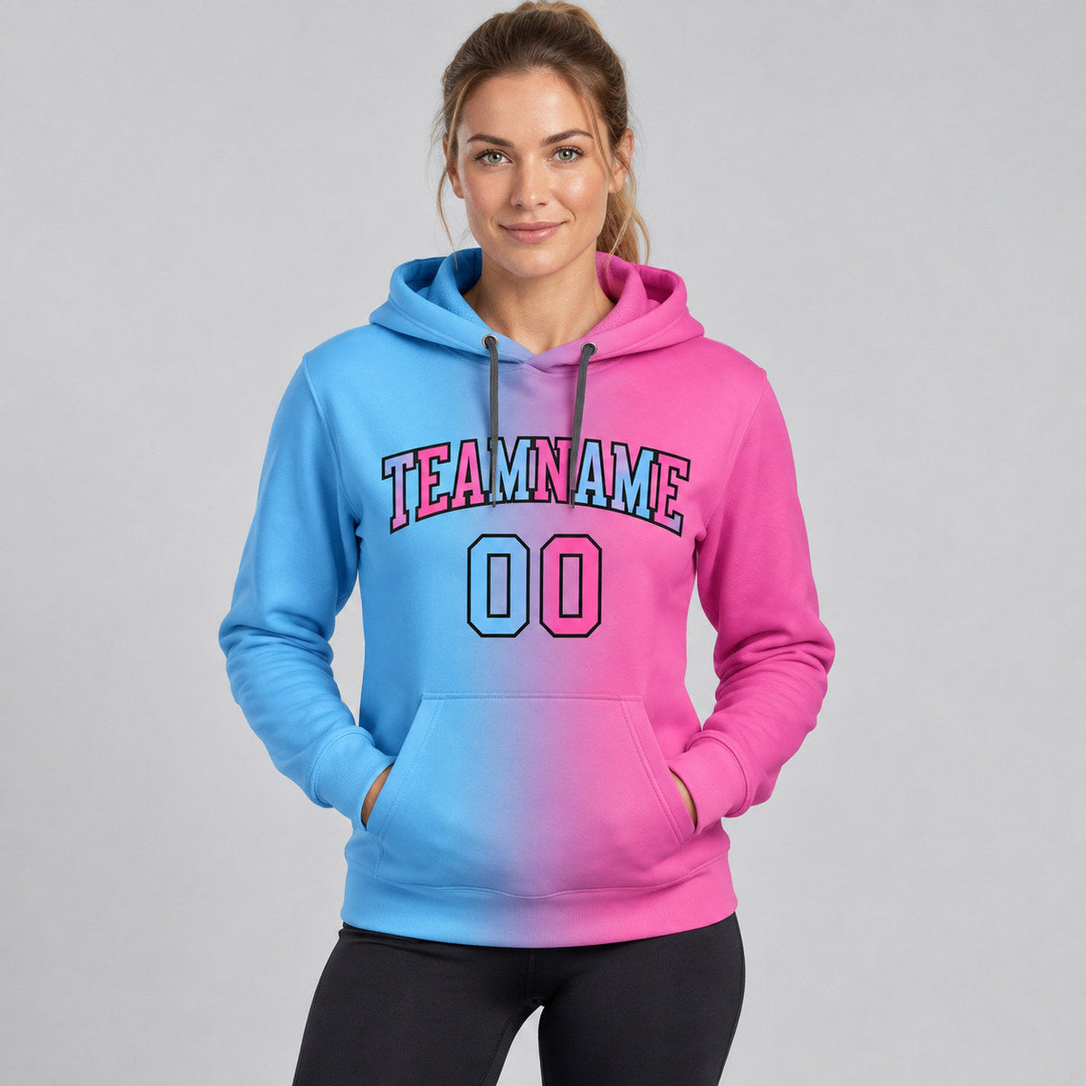 Custom Light Blue Gradient Pullover Hoodie with Pink and Black Lettering worn by female model