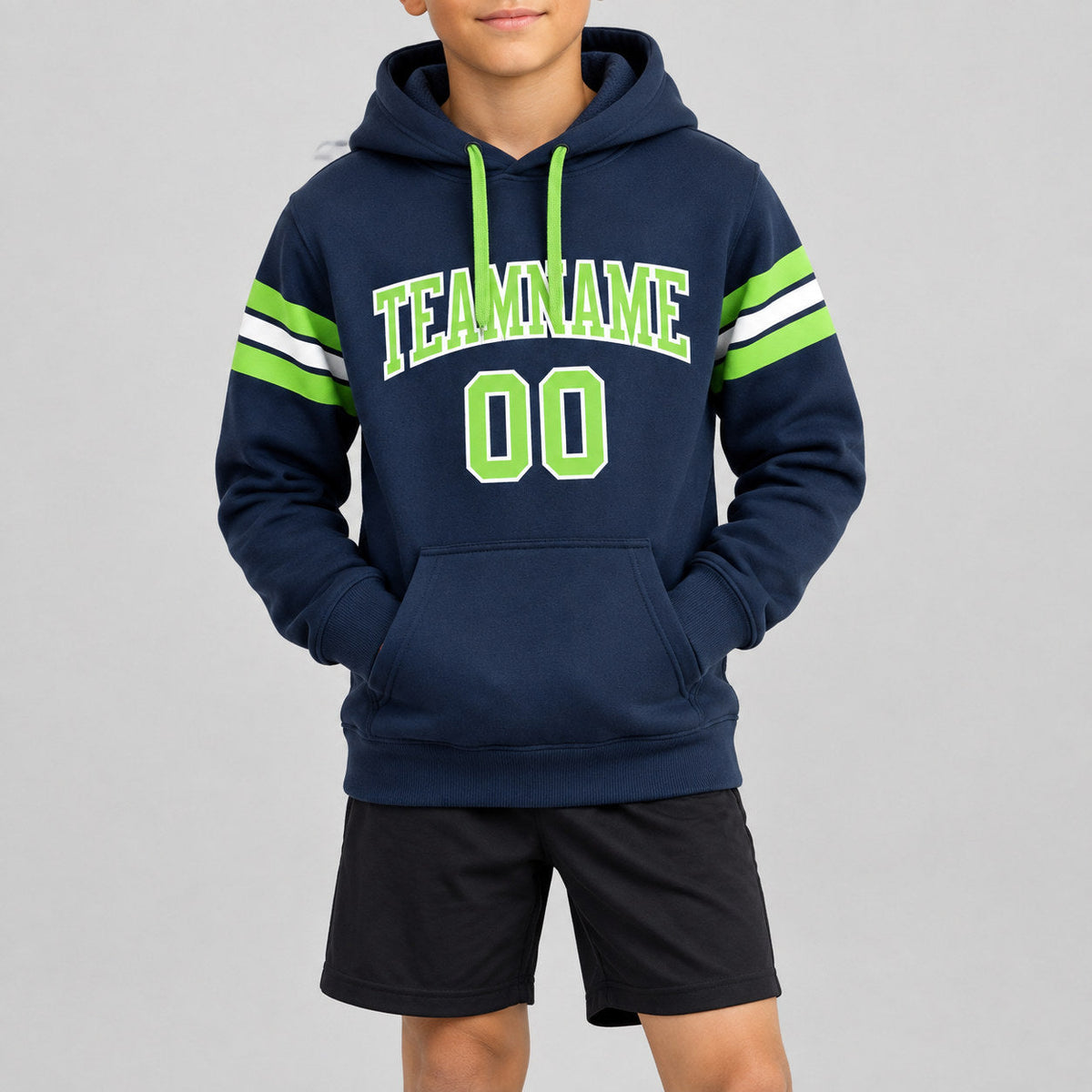 Custom Navy Football Pullover Hoodie with Neon Green and White Lettering youth size worn by child model