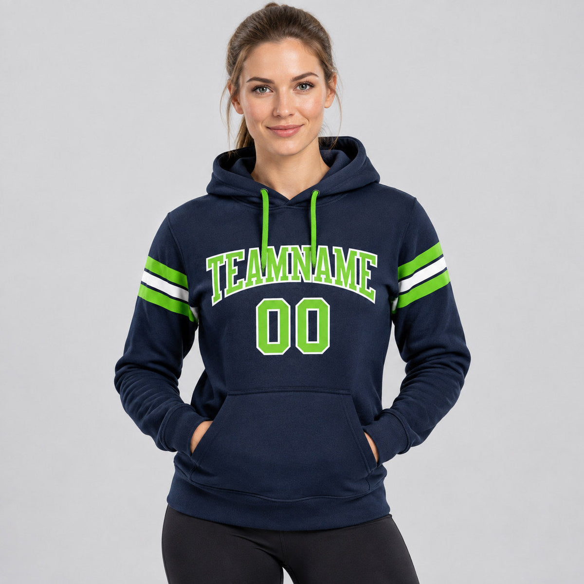 Custom Navy Football Pullover Hoodie with Neon Green and White Lettering worn by female model