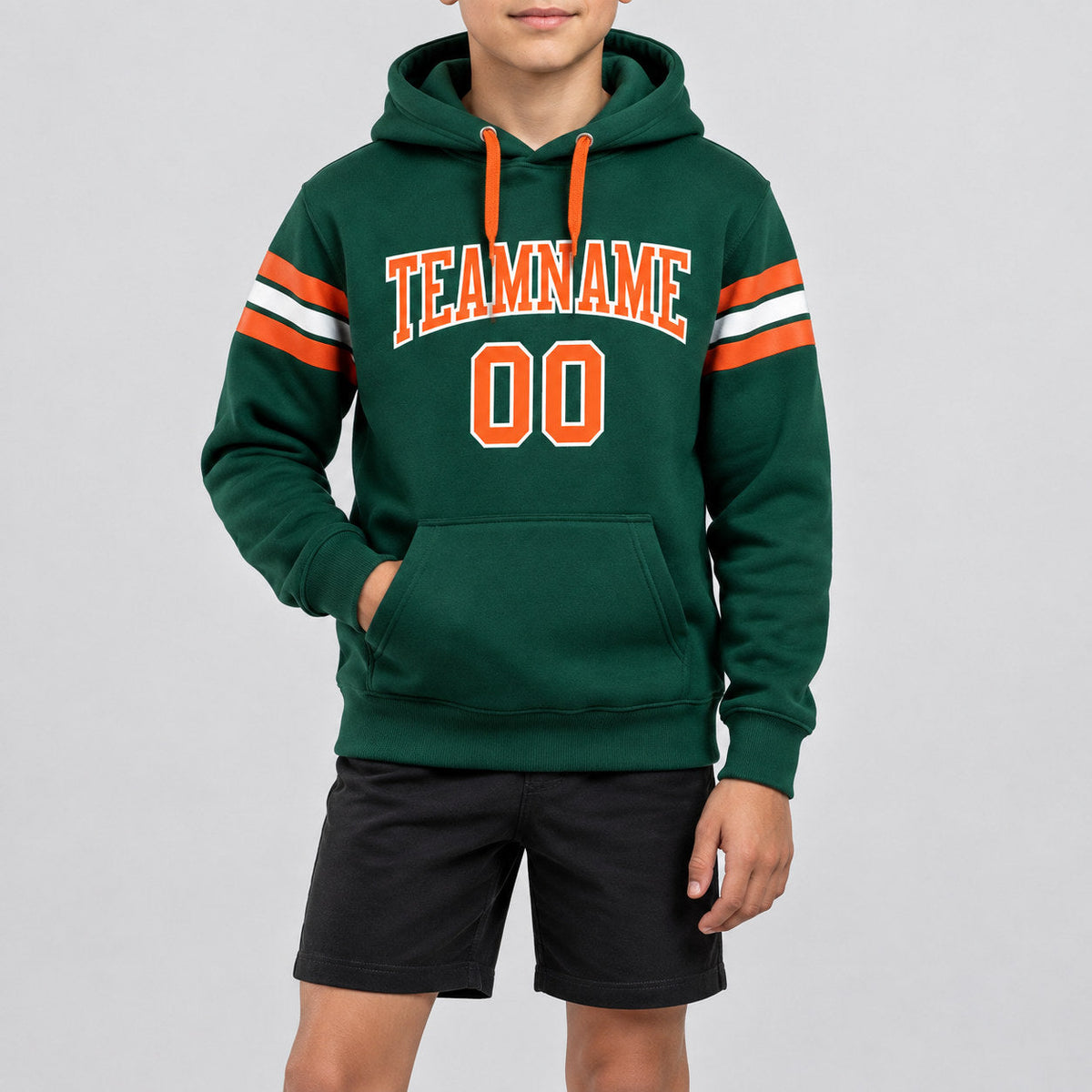 Custom Green Football Pullover Hoodie with Orange and White Lettering youth size worn by child model