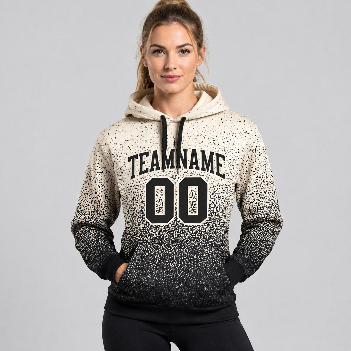 Custom Cream Fade Pullover Hoodie with Black Lettering worn by female model