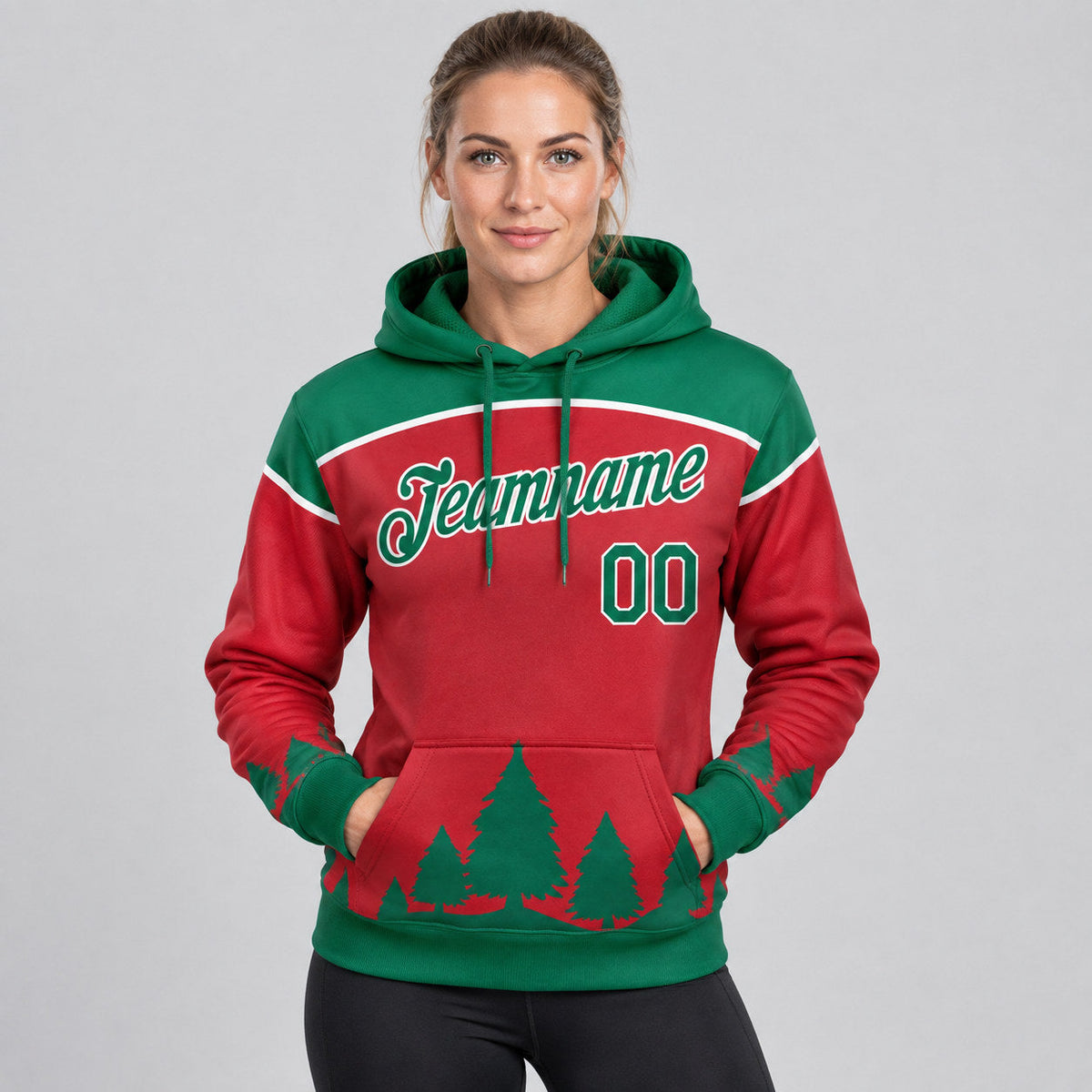 Custom Red Christmas Trees Pullover Hoodie with Kelly Green and White Lettering Design 1073 worn by female model