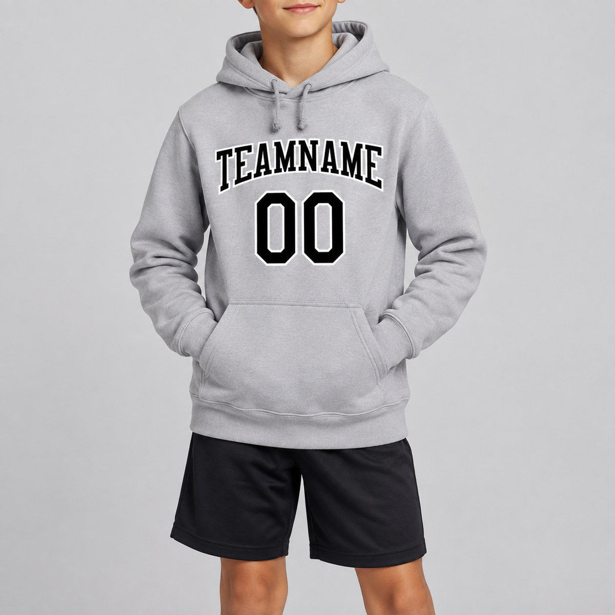 Custom Gray Pullover Hoodie with Black and White Lettering Design 0252 youth size worn by child model